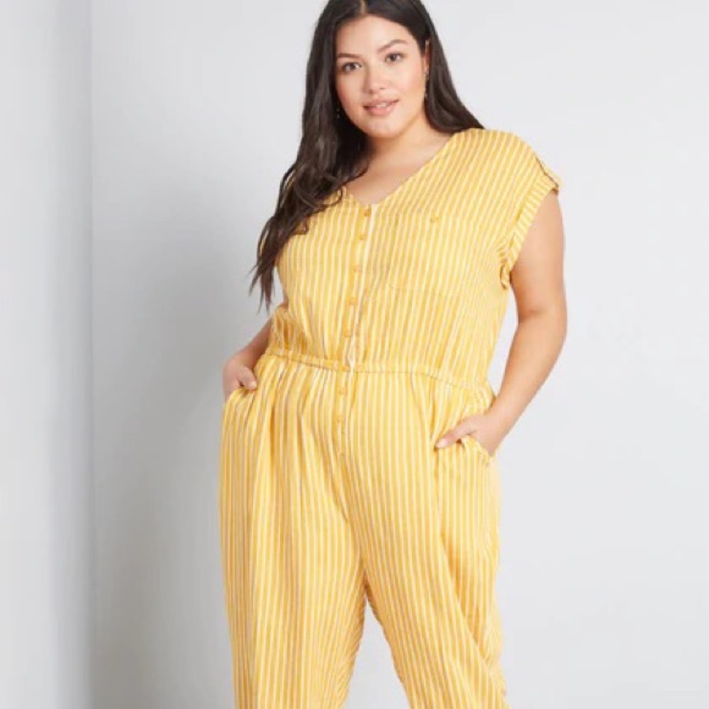 ModCloth Instantly Easygoing Yellow Striped  Jumpsuit